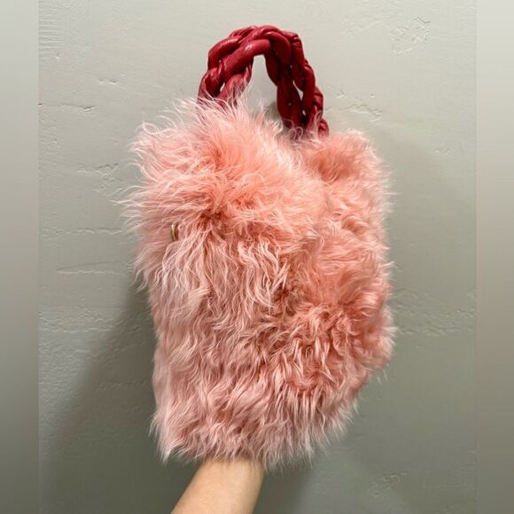 Genuine Curly Lamb Fur Handmade Leather Braided Handles Tote Bag, Crossbody - Picture 9 of 16